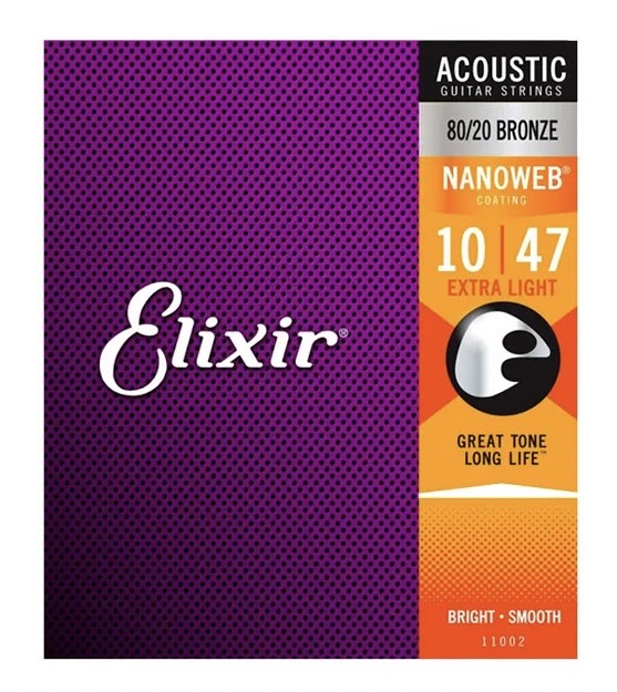 สายกีต้าร์โปร่ง เคลือบกันสนิม Elixir 80/20 Bronze Nanoweb Anti-rust Extra light 10-47